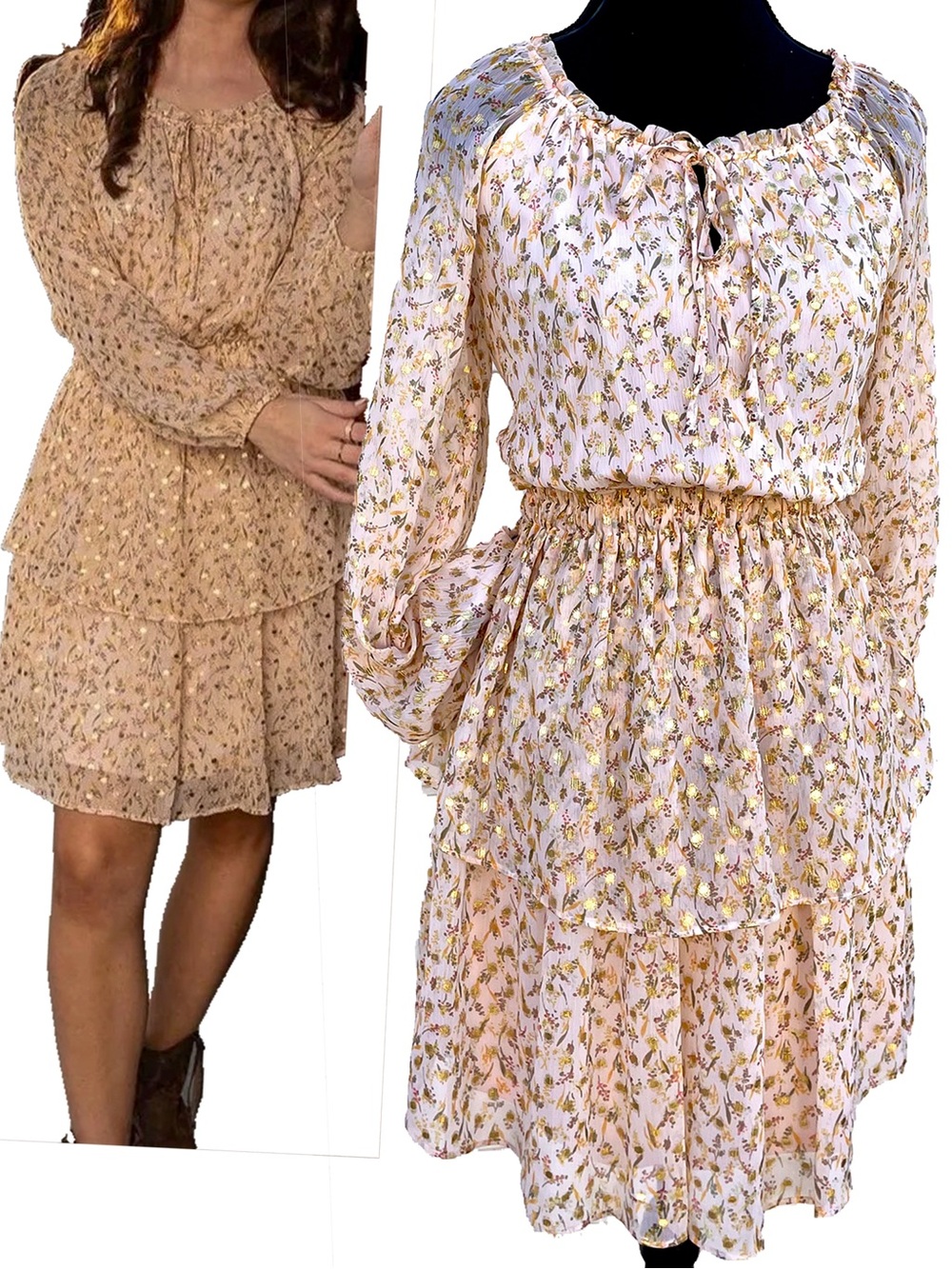 NEW LC Prairie Smock Waist Dress in Cream Gold Floral Chiffon Summer Festival XS